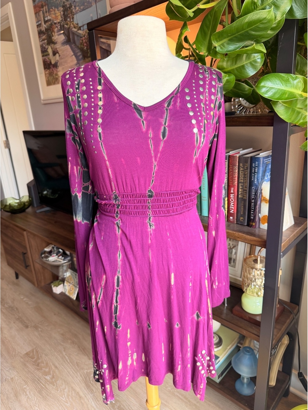 Y2K Vocal Purple Tie-Dye Long Sleeve Dress with Studded Detail, Size XL